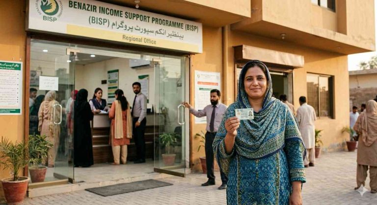 Pakistani woman holding CNIC card outside Benazir Income Support Programme BISP regional office after completing 8171 registration online.