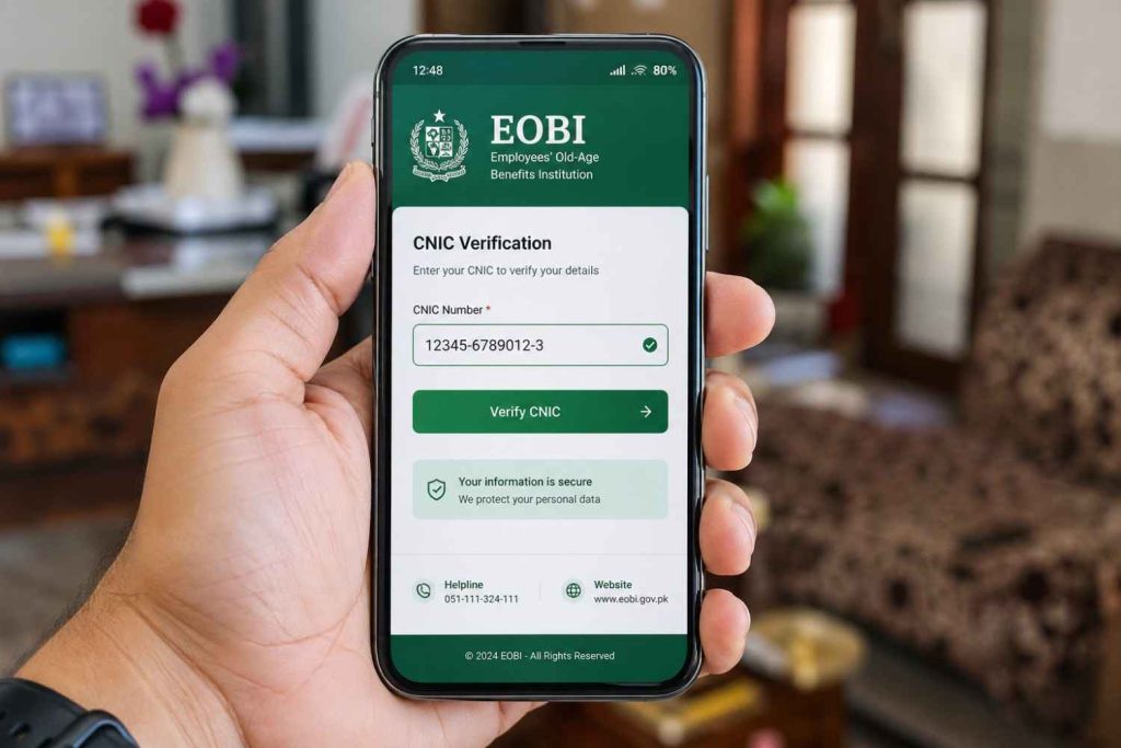 Close-up of smartphone showing EOBI CNIC verification check interface with green government portal design