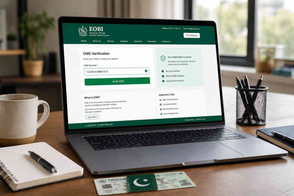 Laptop displaying EOBI verification portal with CNIC card placed on desk in a clean workspace setup.