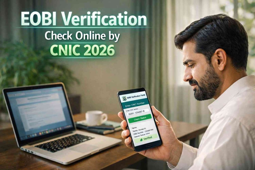 Pakistani man checking EOBI verification online by CNIC on mobile phone with official web portal interface displayed.