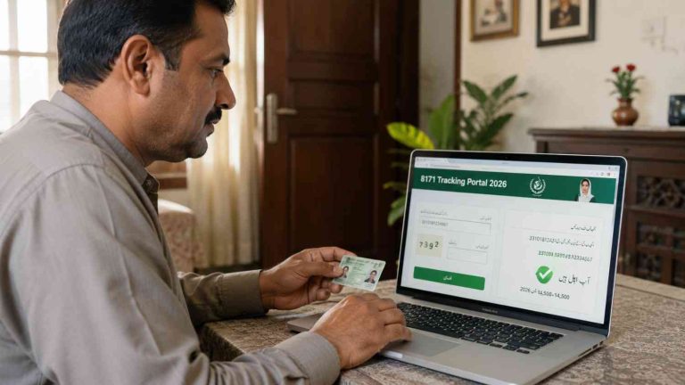 Pakistani man checking 8171 Tracking Portal 2026 on a laptop with CNIC card for eligibility and payment verification.