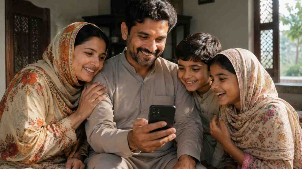 Pakistani family smiling while checking successful 8171 Tracking Portal 2026 payment confirmation on a smartphone at home.
