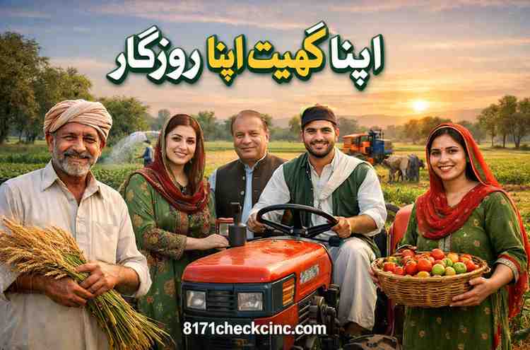 Apna Khet Apna Rozgar Scheme 2026 – Pakistani farming family with tractor, wheat, and fresh vegetables in Punjab green fields at sunset