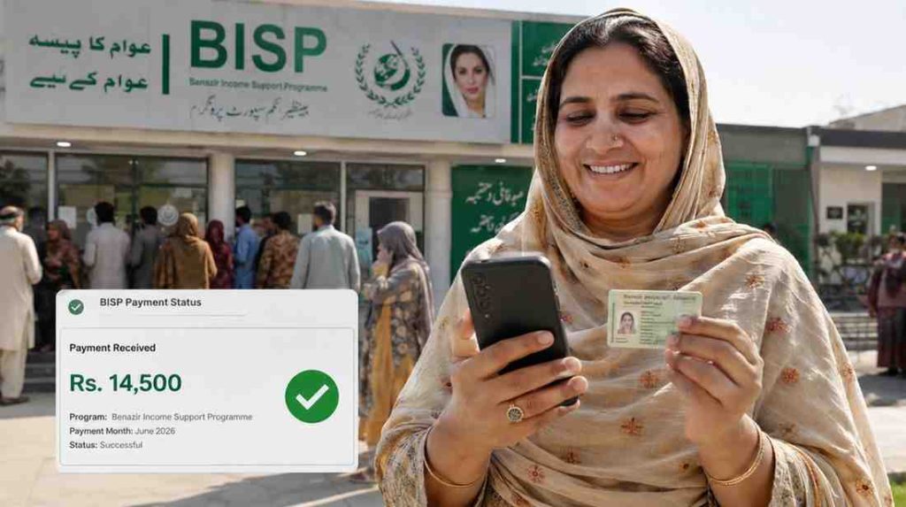 Pakistani woman holding CNIC card and checking BISP June 2026 payment status of Rs. 14,500 on smartphone outside a payment center.