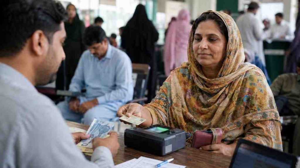 BISP beneficiary presenting CNIC card for biometric verification while receiving June 2026 payment at an official payment center in Pakistan.
