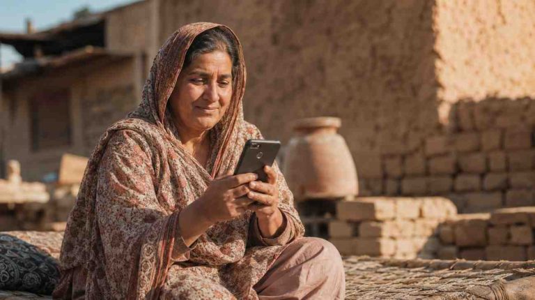 Woman checking BISP July payment status on 8171 Web Portal using CNIC on mobile phone