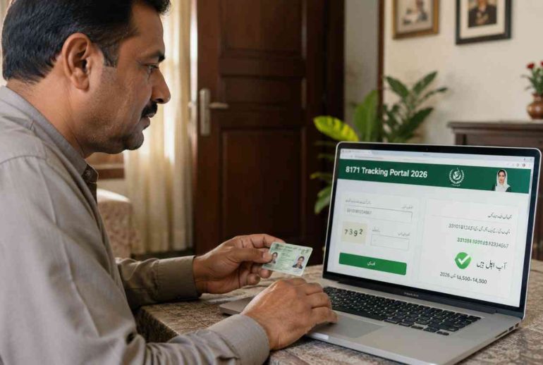 Pakistani man checking 8171 Tracking Portal 2026 on a laptop with CNIC card for eligibility and payment verification.