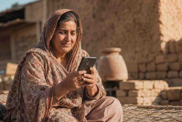 Woman checking BISP July payment status on 8171 Web Portal using CNIC on mobile phone