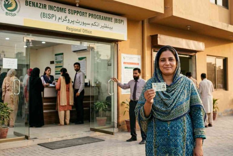 Pakistani woman holding CNIC card outside Benazir Income Support Programme BISP regional office after completing 8171 registration online.
