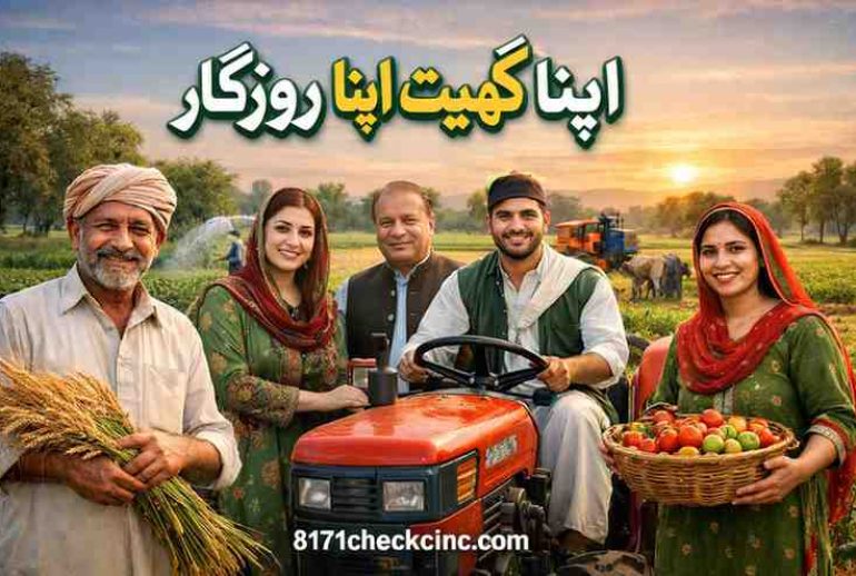 Apna Khet Apna Rozgar Scheme 2026 – Pakistani farming family with tractor, wheat, and fresh vegetables in Punjab green fields at sunset
