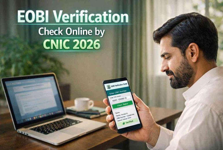 Pakistani man checking EOBI verification online by CNIC on mobile phone with official web portal interface displayed.
