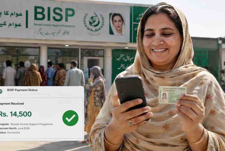 Pakistani woman holding CNIC card and checking BISP June 2026 payment status of Rs. 14,500 on smartphone outside a payment center.