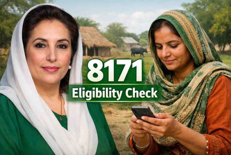 Pakistani woman checking 8171 CNIC status on mobile phone BISP 2026
